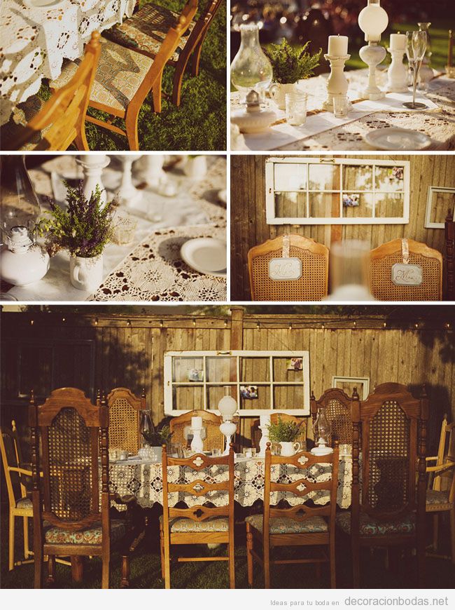 Decoración con mesas de madera y manteles blanco,. estilo vintage antiguo, para bodas en jardín