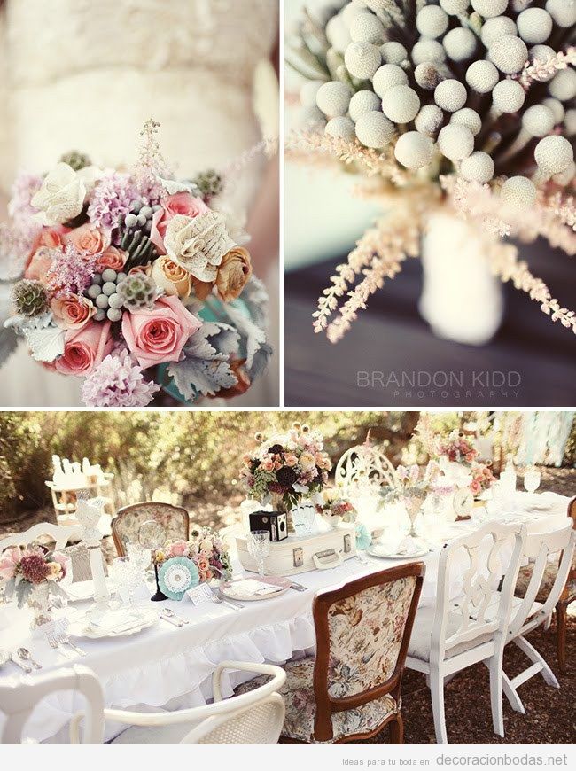 Mesa y flores, decoración de boda vintage en jardín