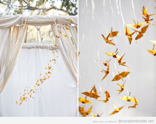 Decoración original de boda con origamis con forma de pájaro
