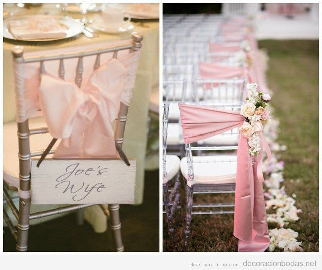 Decoración de boda en el jardín y salón con sillas plateadas y lazos rosas