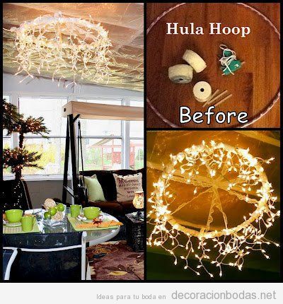 Lámpara de araña DIY con hula hoop y luces para decorar salón de bodas
