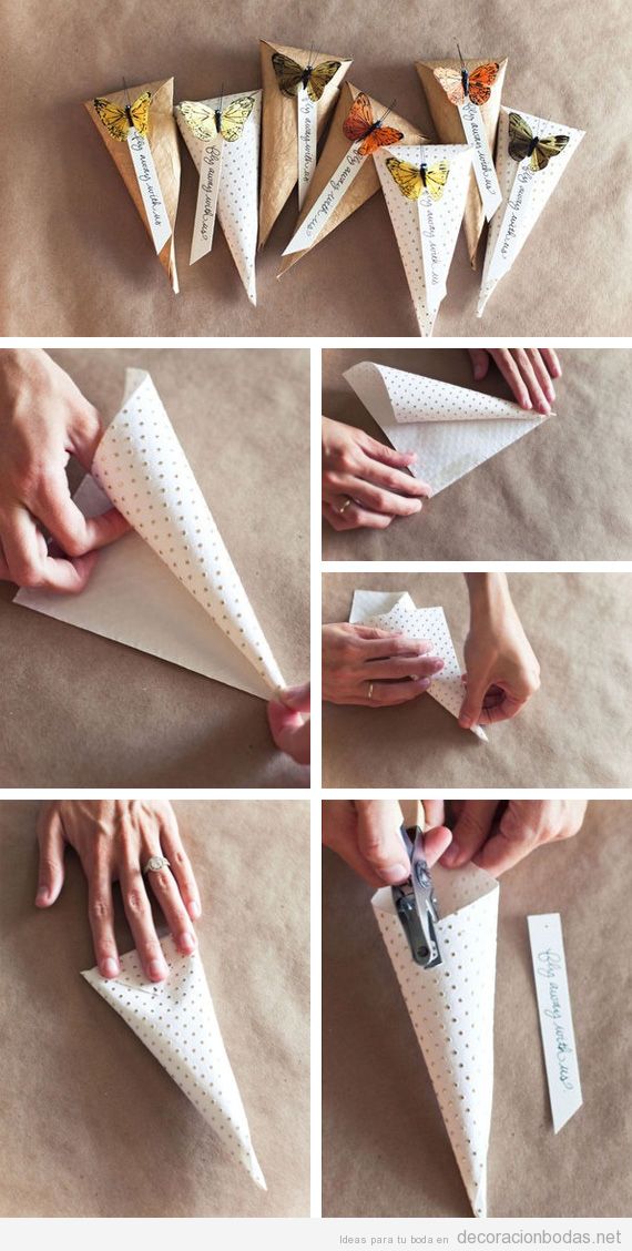 Conos de papel con mariposa DIY para el arroz o los pétalos