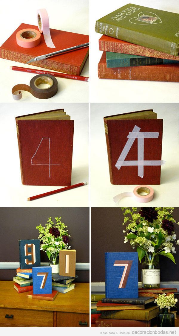 Centro mesa boda DIY con libros con números