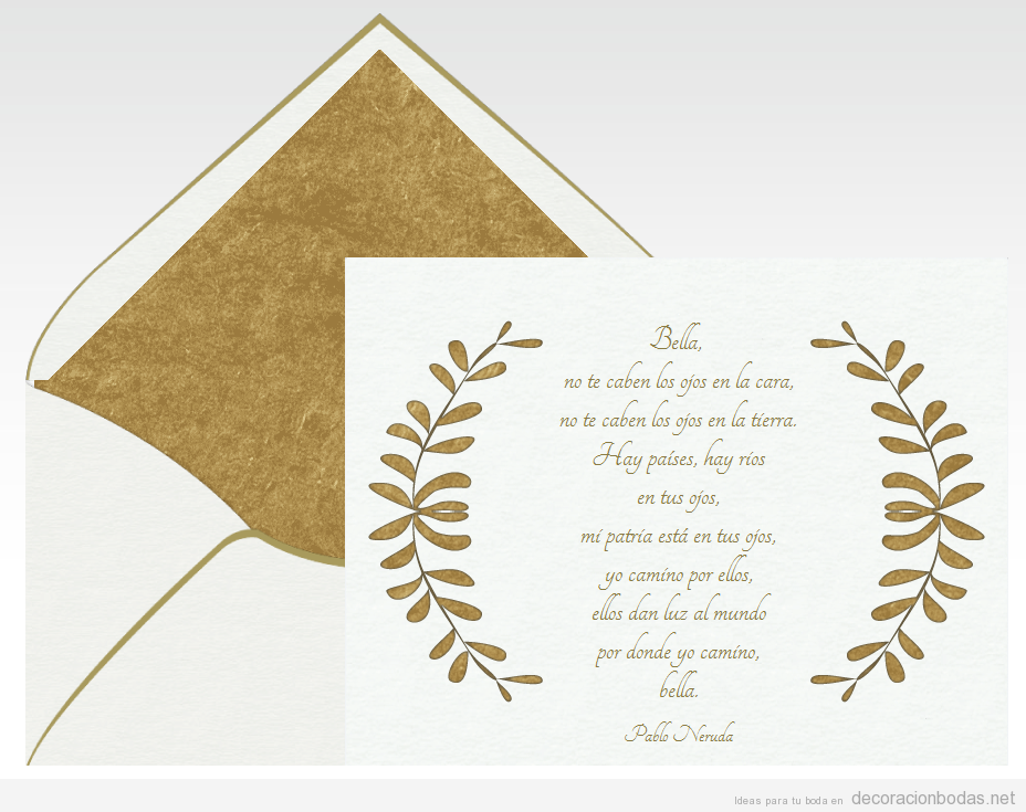 Invitación boda con poema Bella de Pablo Neruda